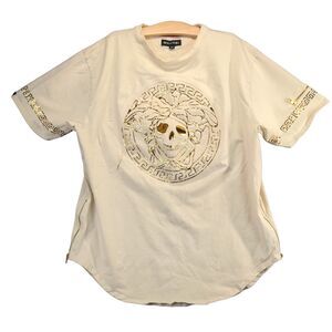 Makobi Womens Top Plus Size 3X Cream Shirt Shiny Skull Graphic Logo